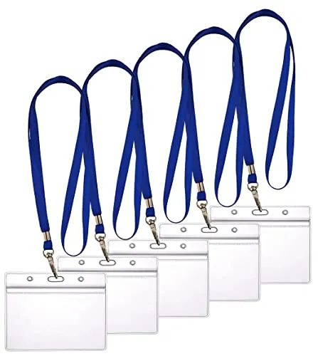 WEBBOMB Set 5x Ausweishülle ZIP Kartenhalter flexibel horizontal wasserdicht für 1-2 Ausweise und Karten Namensschilder ID-Card Schutzhülle transparent + 360° Schlüsselband Lanyard BLAU