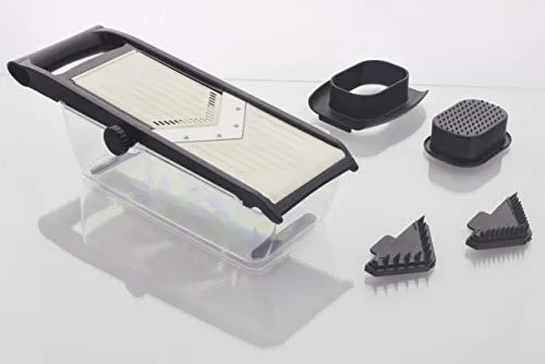 Jata Hogar HMAQ4502 Mandoline für 5 horizontale Schnittarten, 2 extra Klingen, inklusive glatter Klinge aus Edelstahl mit V-Schnitt, mit Schieber, spülmaschinenfest, BPA-frei.