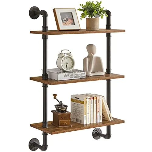 YMYNY Wandregal, 3-stöckiges Schweberegal im Retro-Industrie Design - Schweberegale für stilvolle Aufbewahrung: Robustes 3-stufiges Wandregal aus Holz und Metall, ideal für Wohnzimmer, Küche oder Badezimmer.