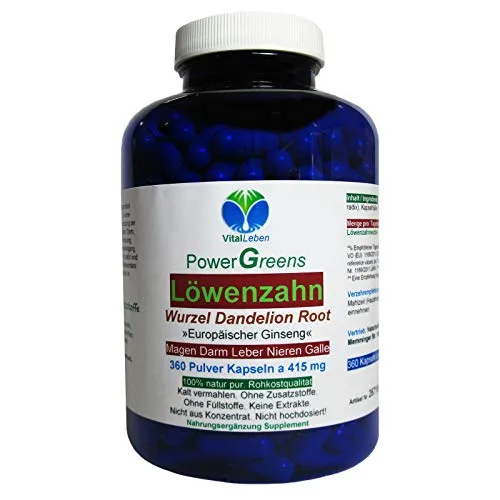 LÖWENZAHN WURZEL DANDELION Root - 360 Pulver Kapseln (europäischer Ginseng) - Bitterstoffe für MAGEN DARM LEBER GALLE Verdauung + Entschlackung. NATUR pur. 26710-360