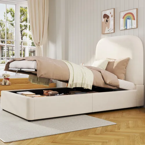 MODFU Kinderbett Polsterbett 90x190 mit Matratze und Stauraum - Beige - Praktisches Polsterbett mit hydraulischem Stauraum für Spielzeug und Kleidung. Der weiche Samtbezug sorgt für Komfort, während das gepolsterte Kopfteil und die abgerundeten Kanten für Sicherheit im Kinderzimmer sorgen.