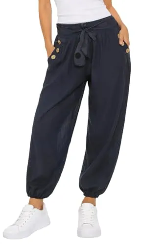 Mississhop Damen leichte Haremshose - Dunkelblau - Stoffhosen mit bequemem Tragekomfort und modischem Gürtel. Ideal für warme Tage, stretchy Material und vielseitig kombinierbar für jeden Anlass.