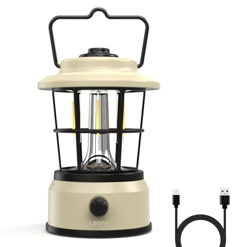 Lepro LED Retro Campinglampe Wiederaufladbar Dimmbar mit Powerbank, Weiß | USB-C Aufladung,Stufenlos Dimmbar, Powerbank-Funktion, bis zu 160h Laufzeit, Dekorative Laterne für Camping, Garten & Notfall