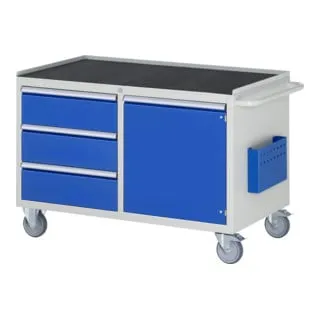 Rau Werkstattwagen Serie 7000 - Tragkraft 450kg - Montagewagen mit 1 Schrank und 3 Schüben, ideal für Werkstätten. Robuste Stahlkonstruktion, zentrale Abschließbarkeit und 5 Jahre Garantie.