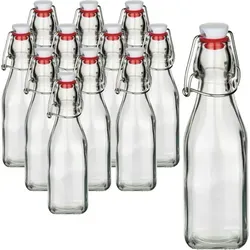 gouveo 12er Set Glasflaschen 250 ml eckig mit Bügelverschluss - Glasbehälter & Töpfe - Hochwertige eckige Bügelflaschen mit 250 ml Fassungsvermögen, ideal zum Abfüllen von Likör, Saft oder Essig - nachhaltig und spülmaschinengeeignet.