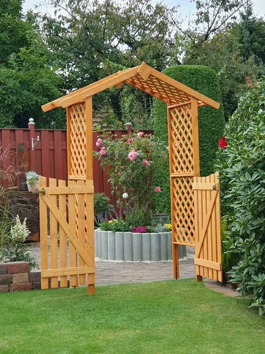Rosenbogen Pergola promadino mit Türen 167 x 53 x 219 cm - Elegante Holz-Pergola in Braun, ideal für Garten und Terrasse, inklusive Türen für zusätzlichen Sichtschutz und einladendes Ambiente.