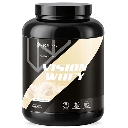 Neosupps Vision Whey Vanilla Cream 2000g, Eiweiss Protein Pulver mit geprüfter Qualität für Muskelaufbau, Eiweißpulver mit Milch anrührbar, Whey Protein aus hochwertige Molkenprotein, Made in Germany