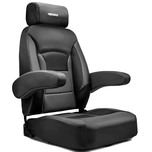 Waterside Captain GTX Super Bootssitz – Luxus Bootsstuhl mit verstellbarer Rückenlehne & Kopfstütze, klappbaren Armlehnen, extra Polsterung – Schwarz/Charcoal – inkl. Montageschiene