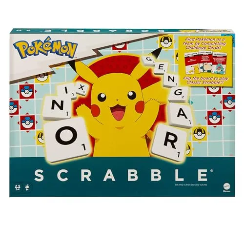 Mattel Games Scrabble Pokémon Brettspiel, Familien-Wortspiel mit zwei Spielmöglichkeiten, enthält 50 Herausforderungskarten mit Pokémon-Figuren für 2–4 Spieler, UK-Version, HXB94