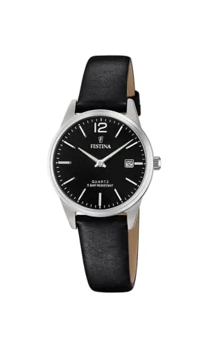 Festina Damen Analog Quarz Uhr F20510/8 mit Leder Armband - Elegante Damen Armbanduhr mit 5 bar Wasserdichtigkeit, ideal für den täglichen Gebrauch. Stilvolles Design mit silbernem Edelstahlgehäuse und schwarzem Ziffernblatt.