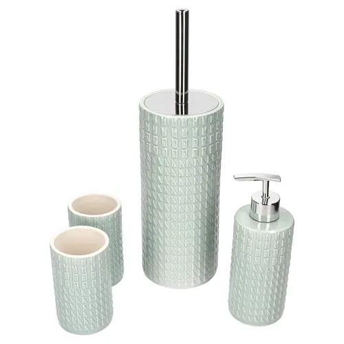 MamboCat Lenora 4tlg Badezimmer Set - 4-teiliges Badezimmer Set LENORA in mintgrün | bestehend aus 2 Zahnputzbechern, 1 Seifenspender & 1 Toilettenbürste | stilvolle Badaccessoires mit modernem Reliefdekor | ideal für eine elegante Badgestaltung