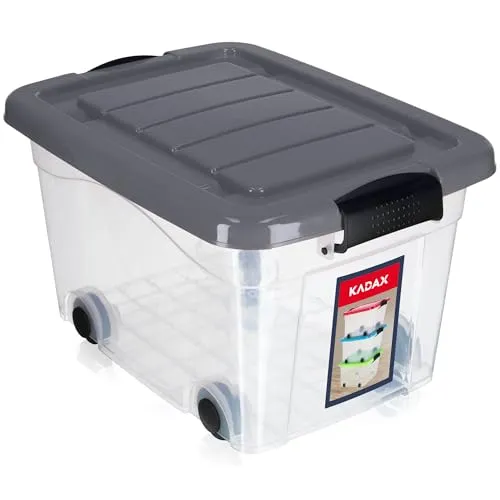 KADAX Kunststoffbehälter mit Rollen 20L, Grau Aufbewahrungsbox aus Kunststoff, Organizer mit Deckel, Clipbox für Spielzeug, Aufbewahrungsbehälter mit Klickverschluss