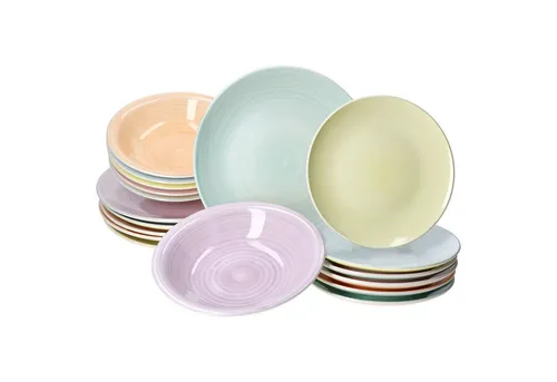 MamboCat Teller-Set 18tlg Pastello für 6 Personen - Buntes 18-teiliges Tellerset aus robustem Steingut, perfekt für festliche Anlässe und tägliche Mahlzeiten.