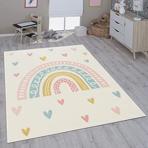 Paco Home Kinderteppich Creme, 133x190 cm - Strapazierfähig und Pflegeleicht - Der kinderfreundliche Teppich mit süßem Regenbogen-Design bringt Freude ins Kinderzimmer. Strapazierfähig, pflegeleicht und für Fußbodenheizung geeignet – ideal als Spielunterlage!