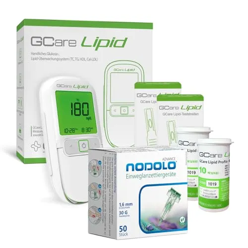 Gcare LIPID Gesamtcholesterin Messsystem - Weitere Tests – Präzise Cholesterinmessung für Zuhause mit 20 Teststreifen und 110 Lanzetten. Schnelle Ergebnisse in nur wenigen Minuten mit nur einem Tropfen Blut.