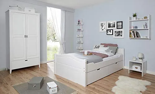 TiCAA Einzelbett Leni 120x200 Kiefer weiß - Robustes Einzelbett aus massivem Kiefernholz mit optionalen Schubkästen für zusätzlichen Stauraum, ideal für kleine Räume und maximal 100 kg belastbar.