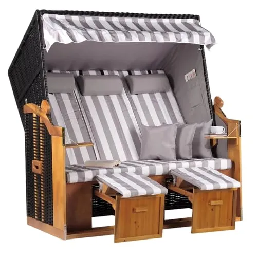 MR. DEKO® Strandkorb Ostsee XXL | Volllieger Strandstuhl Liegestuhl | Dreisitzer PE Geflecht Schwarz inkl. 6 Kissen | Strandkörbe aus Hartholz, Garten, Wintergarten und Terrasse (Dessin Grau Weiß)