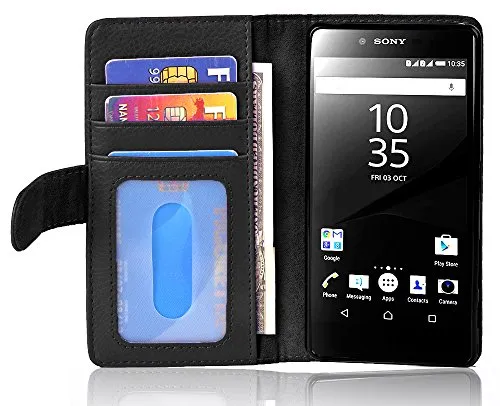Cadorabo Hülle kompatibel mit Sony Xperia Z5 aus Premium Kunst Leder Flip Klappbare Stoßfeste Magnetische [Standfunktion] [Kartenfächern] Cover Hülle für Sony Xperia Z5 Tasche in Schwarz