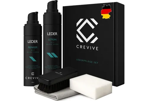 CREVIVE Auto Lederpflegeset (SPARSET, 1x Lederreiniger + 1x Lederpflege + 1x Bürste + 1x Schwamm + 1x Tuch), mit Aloe Vera, Lederpflege Auto, Lederreiniger Auto