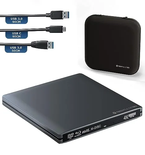 techPulse120 Externes UltraHD UHD 4k 3D M-DISC BDXL HDR10 Laufwerk - Brenner für Blu-ray, DVD und CD, ultra-schlank und kompatibel mit allen Betriebssystemen. Ideal für 4K UHD Filme und umfangreiches Zubehörpaket inklusive.
