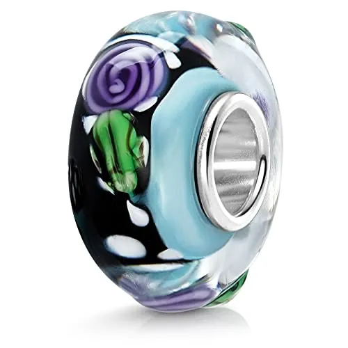MATERIA 3D Glas Beads Anhänger Blume Blatt 925 Silber blau lila für Beads Armband #297