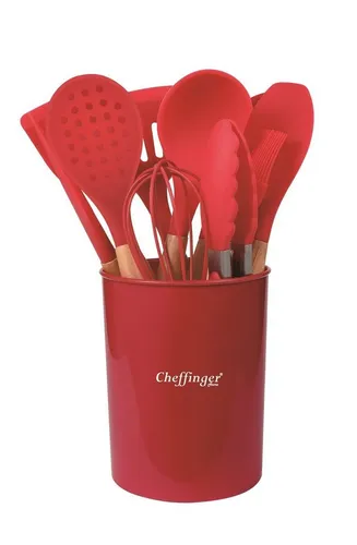 Cheffinger Kochbesteck-Set 12-teilig mit Silikon und Holzgriff - Vielseitiges 12-teiliges Küchenhelfer-Set aus robustem Silikon und Holzgriffen. Pflegeleicht, hygienisch und spülmaschinenfest – ideal für jeden Kochliebhaber.