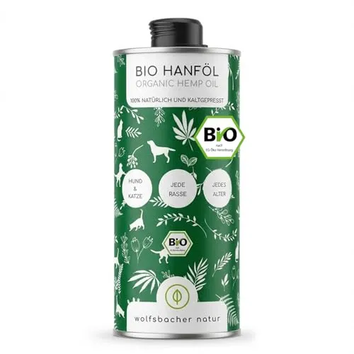 Bio Hanföl für Hunde und Katzen 1 Liter - 100% Natürlich & Kaltgepresst - Haut- & Fellpflege bei Hunden, unterstützt durch wertvolle Omega 3-6-9 Fettsäuren für gesundes Fell und Haut sowie zur Stressreduktion bei Haustieren.