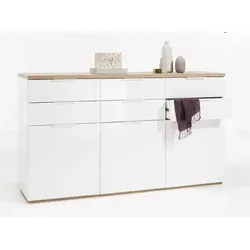 Kommode Siena, weiß, Hochglanz mit Holzoptik - Moderne Kommode in strahlendem Weiß mit zwei geräumigen Schubladen und drei Fächern. Ideal für stilvolle Wohnräume und kratzfest für lange Freude.