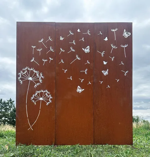 Produktbild Edelrost 3er Sichtschutz Motiv Pusteblume mit Samen und Schmetterling 165 cm x 150 cm Paravent zum Stecken Schild Gartenstecker Edelrost Gartendeko