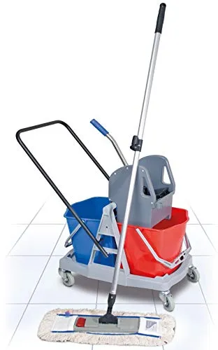 BRB Komplett-Set 8-teilig, Reinigungswagen mit 2 Eimern 17 Liter, Mopppresse, Alu-Teleskopstiel, Mopp-Halter, Profi-Wischmopp