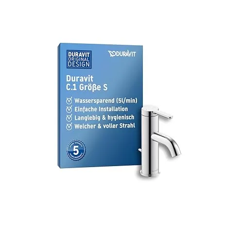 Duravit C.1 Waschtischarmatur S - Chrom - Touch-On-Wasserhahn für Badezimmerwaschbecken mit spritzfreiem, weichem Wasserstrahl und wassersparender Technologie (max. 5 l/min). Einfache Installation mit flexiblen Anschlussschläuchen und 5 Jahre Herstellergarantie.