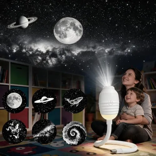 Galaxy Projector,2 in 1 USB Sternenhimmel Projektor für Erwachsene Kinder | Dimmbar 360° HD Smart Dynamic 5d Holographischer Nachtlicht-Projektor Mit 6 Filmen für Schlafzimmer,Auto und Reisen