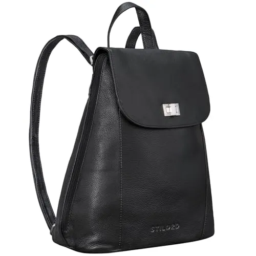 STILORD 'Victoria' Lederrucksack Damen Schwarz - Eleganter Vintage Rucksack für 13,3 Zoll MacBook und DIN A4 Unterlagen, ideal für Schule und Büro. Ergonomische Tragegurte aus Leder bieten hohen Tragekomfort.
