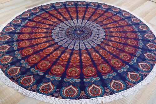 Rundes indisches Mandala Tuch - Boho Tagesdecke - Bettüberwürfe & Tagesdecken, 100% Baumwolle, fair gehandelt in Indien, ideal für Picknicks oder als Stranddecke, stylisches Ethno-Design in leuchtenden Farben.