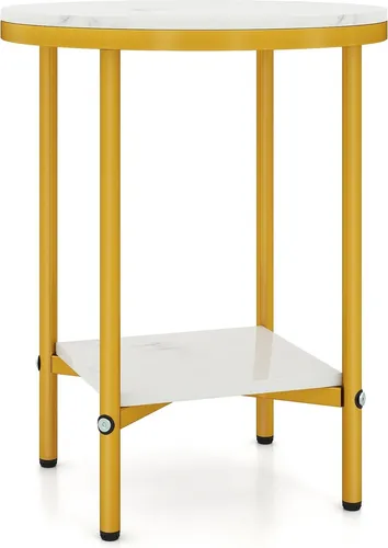 Runder Couchtisch in Marmoroptik, 2-stöckig, Weiß/Gold