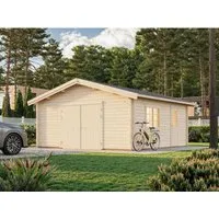 Palmako Holzgarage Roger mit Holztor, 27,7 m² - Fertiggarage aus 70 mm Blockbohlen mit winddichter Chaletschnitt-Eckverbindung, stabiler Einzeltür und Doppelfenstern für optimalen Zugang und Licht.
