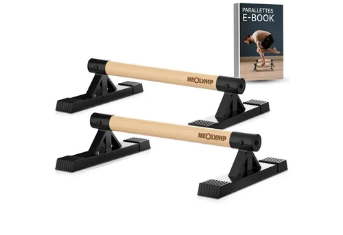 NEOLYMP Parallettes Holz - Ergonomische Push Up Bars für Calisthenics - Extrem stabile Calisthenics Parallettes aus massivem Buchenholz und Stahl, ideal für Push Ups und Handstandtraining. Belastbar bis 500 kg, vormontiert und sofort einsatzbereit. Inklusive Trainings-E-Book für optimale Übungsergebnisse.