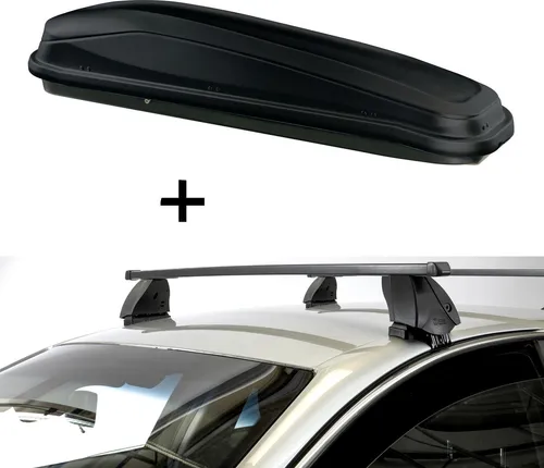 Dachbox JUEASY300L mit Dachträger K1M für Mazda 2 DY - Praktisches Dachboxenset mit 300 Litern Stauraum. Ideal für 3 Ski oder 2 Snowboards. Sicherer Transport dank abschließbarem System, montierbar ohne Zusatzwerkzeug.