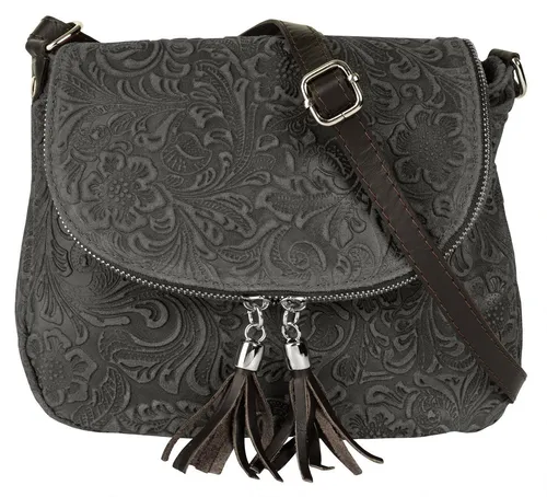 Samantha Look Umhängetasche Damen 021687 grau - Umhängetasche aus 100% Rindleder, elegant und verspielt, mit praktischen Fächern für Smartphone und Geldbörse, ideal für Stadtbummel oder besondere Anlässe.