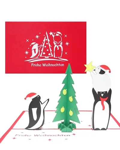 3D Weihnachtskarte „Pinguine & Tannenbaum“ - lustige Pop-Up Karte zu Weihnachten als Weihnachtskarte, Geschenkverpackung & Geschenkgutschein