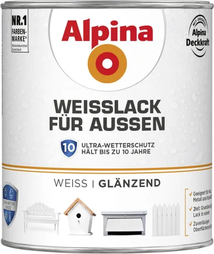Alpina Weisslack für Außen glänzend 0,75 Ltr. - Wetterfester Universal-Lack für Außenanstriche, ideal für Holzoberflächen. Er bietet bis zu 10 Jahre Witterungsbeständigkeit und schützt zuverlässig vor Witterungseinflüssen.