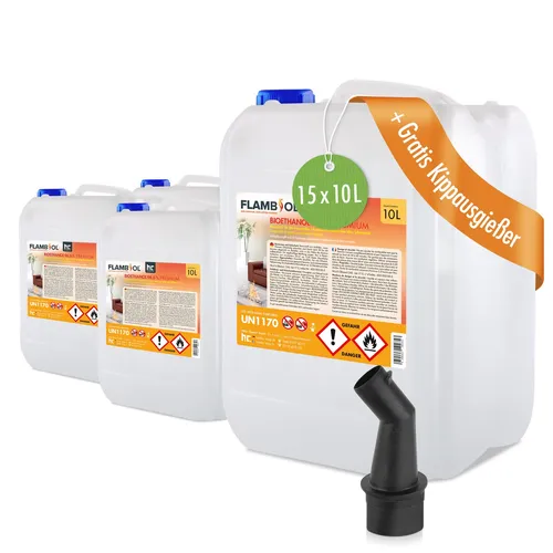 FLAMBIOL Bioethanol 10 L - Premium für Ethanolkamin - Bioethanol 96,6%, ideal für gemütliche Kaminabende und vielseitige Anwendungen in Gastronomie und Haushalt. Sicher und einfach zu nutzen.