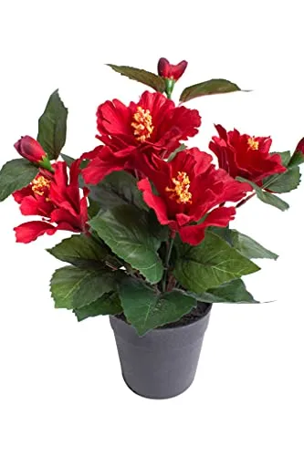 Nova-Nature künstlicher Hibiskus mit 5 Blütenköpfen im schwarzen Kunststofftopf (rot)