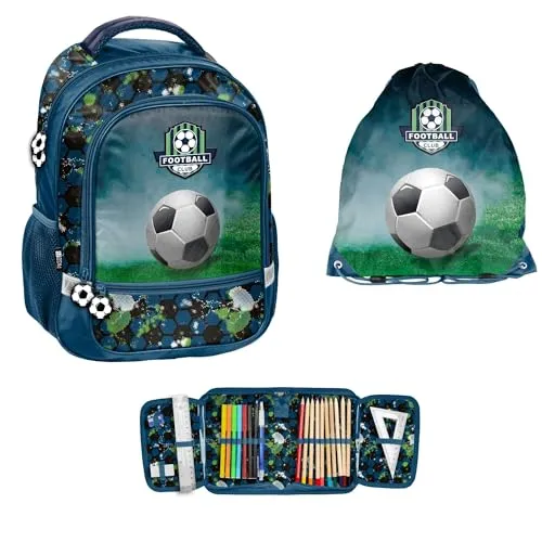 PASO 3-TEILIGES SCHULSET: Rucksack, Turnbeutel & gefüllte Federmappe - Fussball - Schultaschen-Set mit Rucksack, Turnbeutel und gefüllter Federmappe im Fußball-Design. Ideal für Grundschüler - strapazierfähig, atmungsaktiv und ergonomisch für höchsten Tragekomfort.