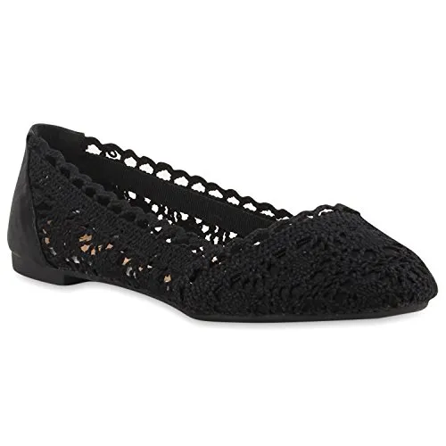 Bequeme Damen Flats Klassische Ballerinas Spitze Ballerina Slipper Spitze-Häkeloptik Schuhe 116419 Schwarz 38 Flandell