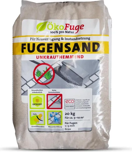 ÖkoFuge Fugensand Grau 20kg - Hochwertiger Fugensand für unkrautfreie Flächen im Garten, ideal für schmale Fugen und wasserdurchlässig. Perfekt für Terrassen und Gehwege, ganz ohne chemische Mittel.