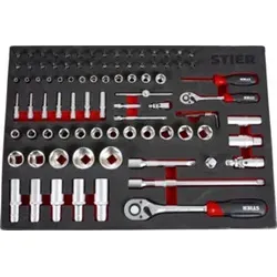 STIER Steckschlüssel Satz 92-teilig - Werkzeug-Set mit hochwertigen Umschaltknarren, ideal für Schraub- und Montagearbeiten. Ergonomischer Griff und langlebiger Chrom-Vanadium-Stahl sorgen für optimale Handhabung und lange Lebensdauer.