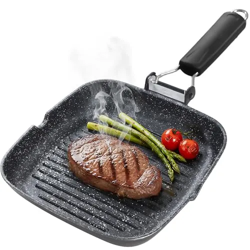 briebe Black Titanium Grillpfanne 20x20 cm - Induktionsgeeignete Grillpfanne mit umweltfreundlicher Titanbeschichtung, ideal für gesundes Kochen ohne PFOA und klappbarem Griff für platzsparende Aufbewahrung.