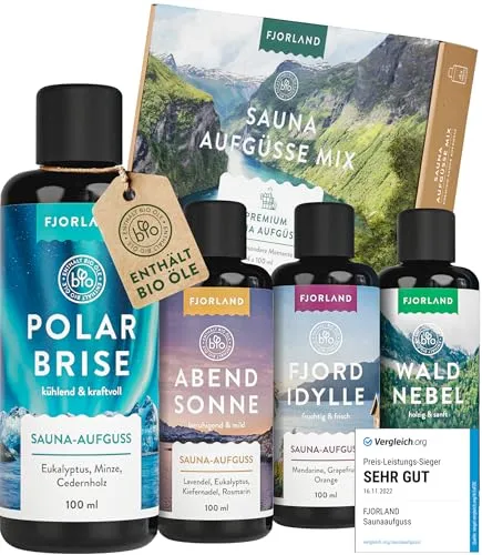 Fjorland Saunaaufguss Set BIO 4 x 100 ml - Erlebe skandinavische Frische mit 4 hochwertigen Sauna-Düften in einer eleganten Geschenkbox. Vegan und ohne künstliche Zusatzstoffe – ideal für entspannende Momente.