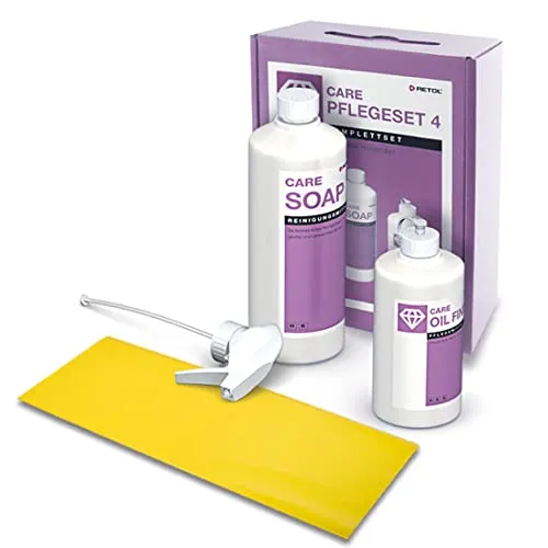 RETOL CARE Pflegeset Oil für geölte Holzböden - Komplettset für die Pflege von geölten Holzböden mit hochwertigen Reinigungsmitteln. Enthalten sind 0,45 l CARE Oil Finish, 1 l CARE Soap und praktisches Zubehör für eine einfache Anwendung.